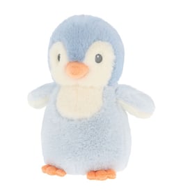 a blue and white stuffed penguin with orange feet