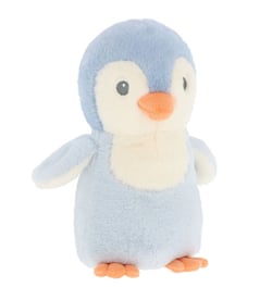 a blue and white stuffed penguin with orange feet
