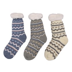 three pairs of socks with different designs on them
