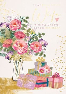 Product: Wife
Pack size: 1x6
Supplier: Ling

Help your customers celebrate their wonderful wife's birthday with this truly beautiful greeting card. From Ling, this design features a stunning bouquet of pink and purple flowers, elegantly arranged in a vase, set against a delicate background with shimmering gold speckles. A delightful stack of beautifully wrapped gifts adds a festive touch to the scene. The heartfelt message, "TO MY WONDERFUL Wife WITH ALL MY LOVE ON YOUR BIRTHDAY," is presented in elegant gold script, complete with a sweet pink heart. This card is perfect for conveying deep affection and making her day extra special. Each pack contains 6 cards.