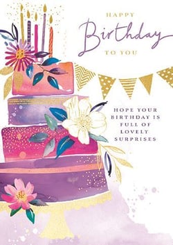 a birthday card with a cake and candles on it .