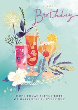 a birthday card with three drinks and flowers on it .