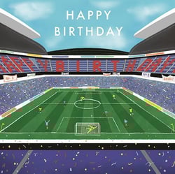 a happy birthday card with a soccer field and players on it .