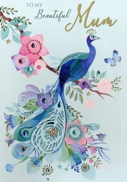 a mother 's day card with a peacock and flowers on it .