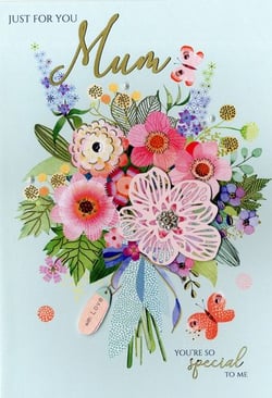 a mother 's day card with a bouquet of flowers and a butterfly .