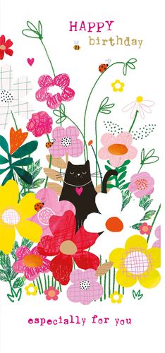 a birthday card with a black cat sitting in a field of flowers .