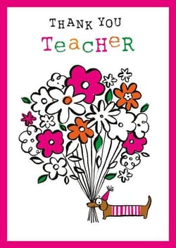a thank you teacher card with a dachshund holding a bouquet of flowers .