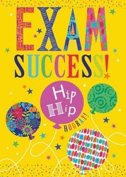 a colorful exam success card with balloons and stars on a yellow background .