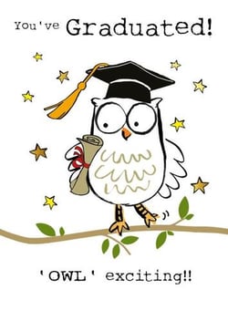 the owl is wearing a graduation cap and holding a diploma .
