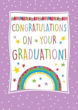 congratulations on your graduation card with a rainbow and stars on a purple background .