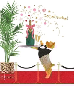 Roll out the red carpet for a truly special birthday with this delightful card! Featuring an adorable, dapper dog in a tuxedo, balancing a tray with a sparkling champagne bottle and two flutes, it's the perfect way to say 'Celebrate!'. The vibrant red carpet and golden stanchions add a touch of glamour, while festive confetti, stars, and hearts burst from the bottle, creating an atmosphere of pure joy. A stylish potted plant in a leopard print pot completes this chic scene.

This charming design, perfect for any female recipient, captures the essence of a grand celebration. Supplied by Nigel Quiney Publications, each pack contains 6 cards, ready to bring smiles all year round.