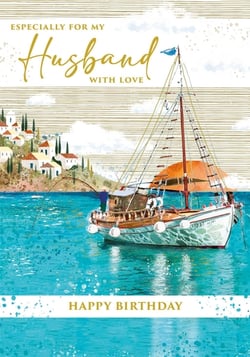 Celebrate your wonderful Husband's birthday with this truly charming card! Featuring a serene watercolour scene, it depicts a classic sailboat gently cruising on sparkling turquoise waters, with a picturesque coastal village nestled in the background. A lone figure enjoys a spot of fishing, adding to the tranquil atmosphere.

The elegant gold lettering, reading 'Especially for my Husband with Love' and 'Happy Birthday', expresses your affection perfectly. This beautiful design from Nigel Quiney Publications offers a warm and heartfelt way to show your Husband how much he means to you on his special day. It’s a delightful choice for a memorable birthday greeting.