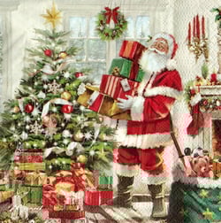 a painting of santa claus standing in front of a christmas tree
