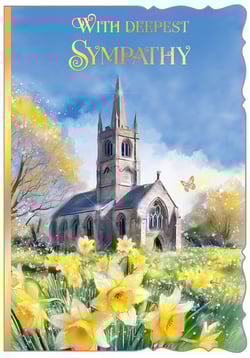 Offer heartfelt comfort with our exquisite 'Sympathy' card, a truly beautiful design from Out of The Blue Studios Ltd. This thoughtful card features a serene church nestled amidst a vibrant field of golden daffodils, all under a peaceful blue sky. The elegant 'With Deepest Sympathy' message is perfectly placed to convey sincerest condolences. A gentle golden butterfly adds a touch of hope to this comforting scene, making it ideal for those seeking to express their support. Stock up with our convenient 1x6 pack and provide your customers with a card that truly speaks volumes during difficult times, offering solace and warmth when it's needed most.