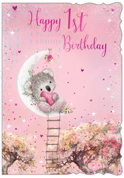 a happy 1st birthday card with a teddy bear sitting on a crescent moon