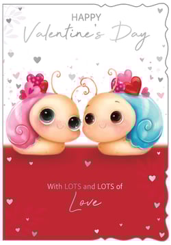 Introduce a touch of adorable charm to your Valentine's Day collection with our 'Open Valentines' cards from Out of The Blue Studios Ltd. This delightful design features two irresistibly cute snails, one with a vibrant pink shell and the other a cheerful blue, gazing lovingly at each other. Adorned with sweet hearts, they perfectly convey the heartfelt message, 'Happy Valentine's Day' and 'With LOTS and LOTS of Love'. The soft colour palette and charming illustration make these cards a wonderful choice for customers looking to share affection. Each wholesale pack contains 6 beautifully crafted cards, ensuring you're well-stocked for the season of love. A truly sweet way to celebrate!