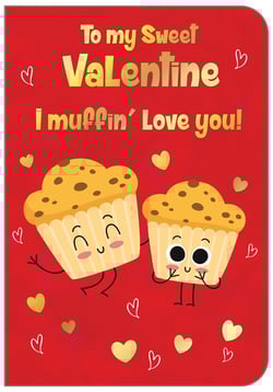 Spread some sweet love this Valentine's Day with our charming 'Open Humorous' card! Featuring two adorable, happy muffins and a delightful pun, this card is guaranteed to bring a smile to any recipient's face. The vibrant red background, shimmering gold foil text, and scattered heart accents create a truly eye-catching design.

Perfect for adding a touch of fun and affection to your seasonal greeting card selection. This lovely card is supplied by Out of The Blue Studios Ltd. and comes in a convenient pack of 6, ready to brighten up your shelves. It's the perfect way for customers to share a little 'muffin' love!