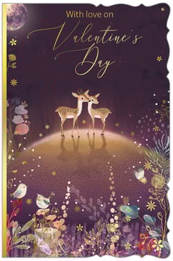 Capture hearts this Valentine's Day with this exquisite greeting card, a true celebration of love and nature. Adorned with a tender scene of two deer nuzzling under a soft crescent moon, it evokes a sense of serene romance. The deep purple backdrop is beautifully accented with shimmering gold script, reading "With love on Valentine's Day," and delicate starry details. Lush, intricate foliage, charming birds, and a graceful butterfly complete this enchanting design, all framed by a subtle gold border and a decorative edge. This card offers a truly special way to express affection, making it a perfect choice for your customers seeking a touch of magic.