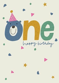 a happy birthday card with a bear wearing a party hat .