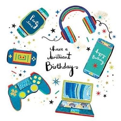 a birthday card for a boy with headphones , a game controller , a laptop , and a watch .