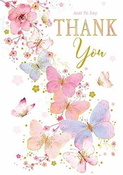 a thank you card with pink and blue butterflies and flowers .