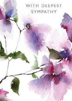 a watercolor painting of purple flowers on a white background with the words `` with deepest sympathy '' .