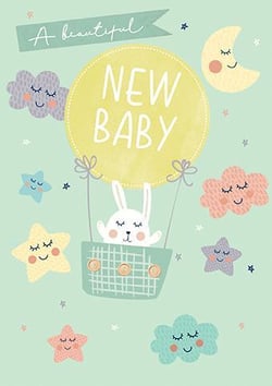 a new baby card with a bunny flying in a hot air balloon .