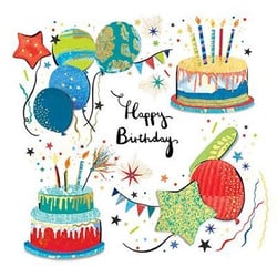 a happy birthday card with a cake , balloons , stars and fireworks .