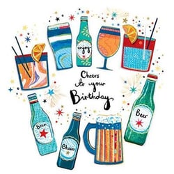 a birthday card with bottles , glasses , and drinks on it .
