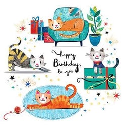 a birthday card with cats and gifts on it .