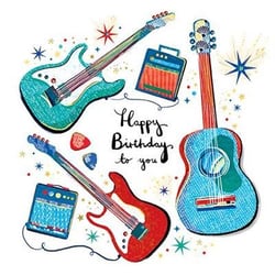 a birthday card with three guitars and amplifier on it .