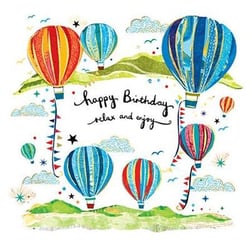 a birthday card with colorful hot air balloons flying in the sky .