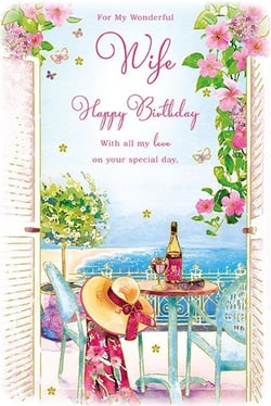 Help your customers celebrate their wonderful wives with this exquisite birthday card from Paper Rose. This charming design features a beautiful watercolour illustration, transporting you to a serene Mediterranean balcony scene. Overlooking the sparkling blue sea, a table set with wine, a glass, and sunglasses, alongside a stylish hat and floral dress, evokes a truly relaxing and romantic holiday vibe. Delicate pink flowers and graceful butterflies frame the heartfelt message: "For My Wonderful Wife Happy Birthday With all my love on your special day." Perfect for showing appreciation, this card is available in a convenient pack of 6, making it an ideal addition to your greeting card selection.