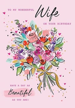 Celebrate your wonderful wife's special day with this delightful birthday card from Paper Rose. Featuring a charming watercolour floral bouquet, adorned with pretty gold accents and scattered hearts, it's a truly beautiful design. The heartfelt message, "TO MY WONDERFUL Wife ON YOUR BIRTHDAY HAVE A DAY AS Beautiful AS YOU ARE!", perfectly conveys love and appreciation. This lovely card is an excellent addition to any greeting card selection, offering a warm and personal touch for customers. Available in a convenient pack of 6, it's ready to help celebrate those cherished moments.