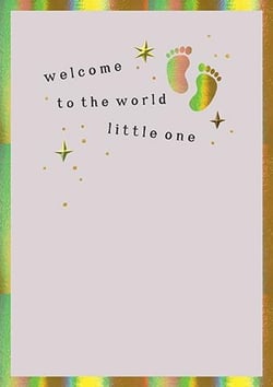 Welcome a new arrival with our delightful Birth Congrats Open card, a charming addition to your greeting card collection. From trusted supplier Paper Rose, this card features the sweet message "welcome to the world little one" in elegant black text.

The design is beautifully enhanced with iridescent baby footprints, shimmering gold stars, and tiny dots, all set against a soft, gender-neutral background. A vibrant, eye-catching holographic border adds a touch of modern magic, making this card truly stand out. Perfect for celebrating any new baby, it's sure to bring joy to new parents.

Available in a convenient pack of 6, this versatile card is a must-have for retailers looking to offer high-quality, celebratory options.