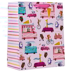 a pink gift bag with a pattern of animals on it
