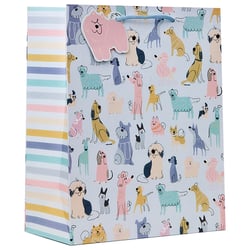 a gift bag with a pattern of dogs on it
