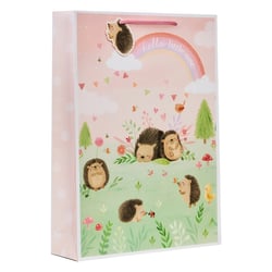 a gift bag with hedgehogs and a rainbow says hello little one