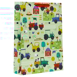 a green bag with tractors and farm animals on it