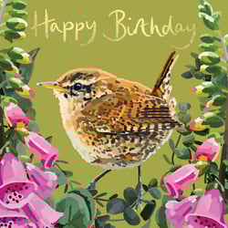 a birthday card with a bird and flowers and the words happy birthday