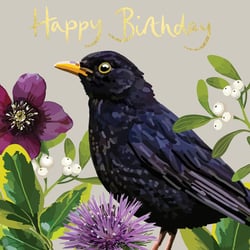 a birthday card with a black bird and purple flowers