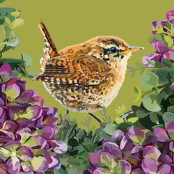 a painting of a bird with purple flowers in the background