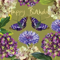 a birthday card with purple butterflies and the words happy birthday