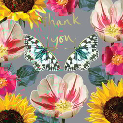 a thank you card with flowers and butterflies