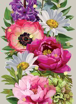 a painting of pink and purple flowers with green leaves