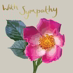 a card with a pink flower and the words with sympathy