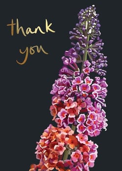 a thank you card with purple and red flowers