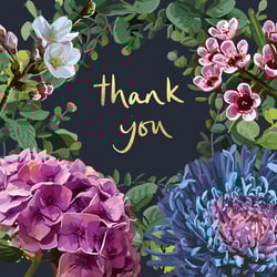 a thank you card with flowers and leaves