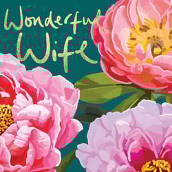 a wonderful wife card with pink flowers on a blue background