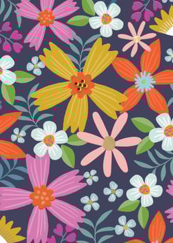 a pattern of colorful flowers on a dark blue background